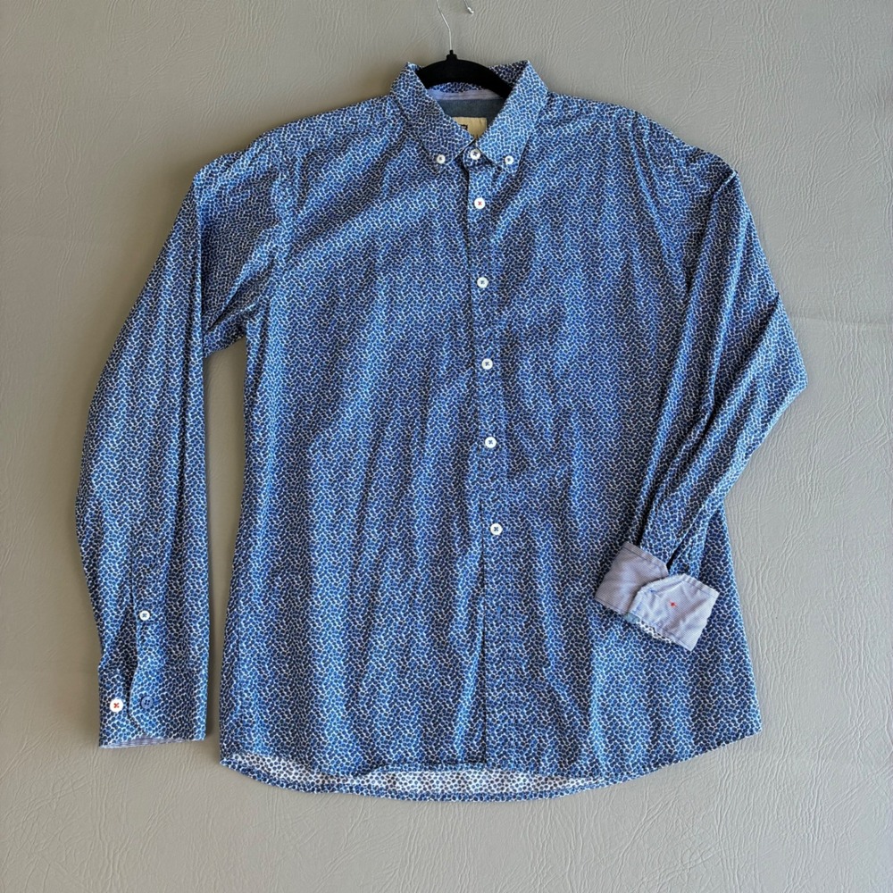 Steel & Jelly Mens Blue Geometric Floral Print Button Down Shirt Flip Cuff Med